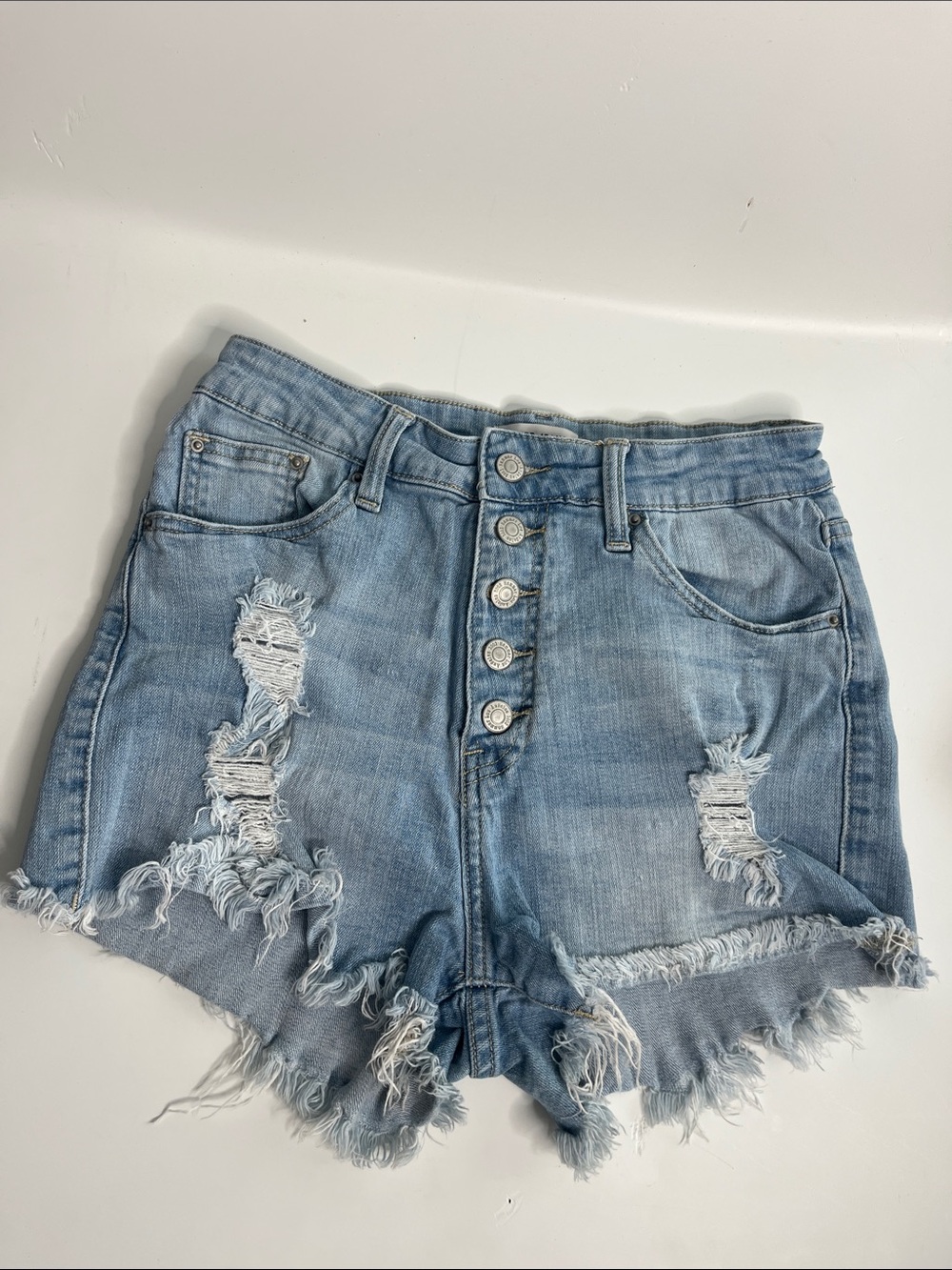 Hammer Los Angeles High-Rise Distressed Light Blue Jean Shorts with Button Front